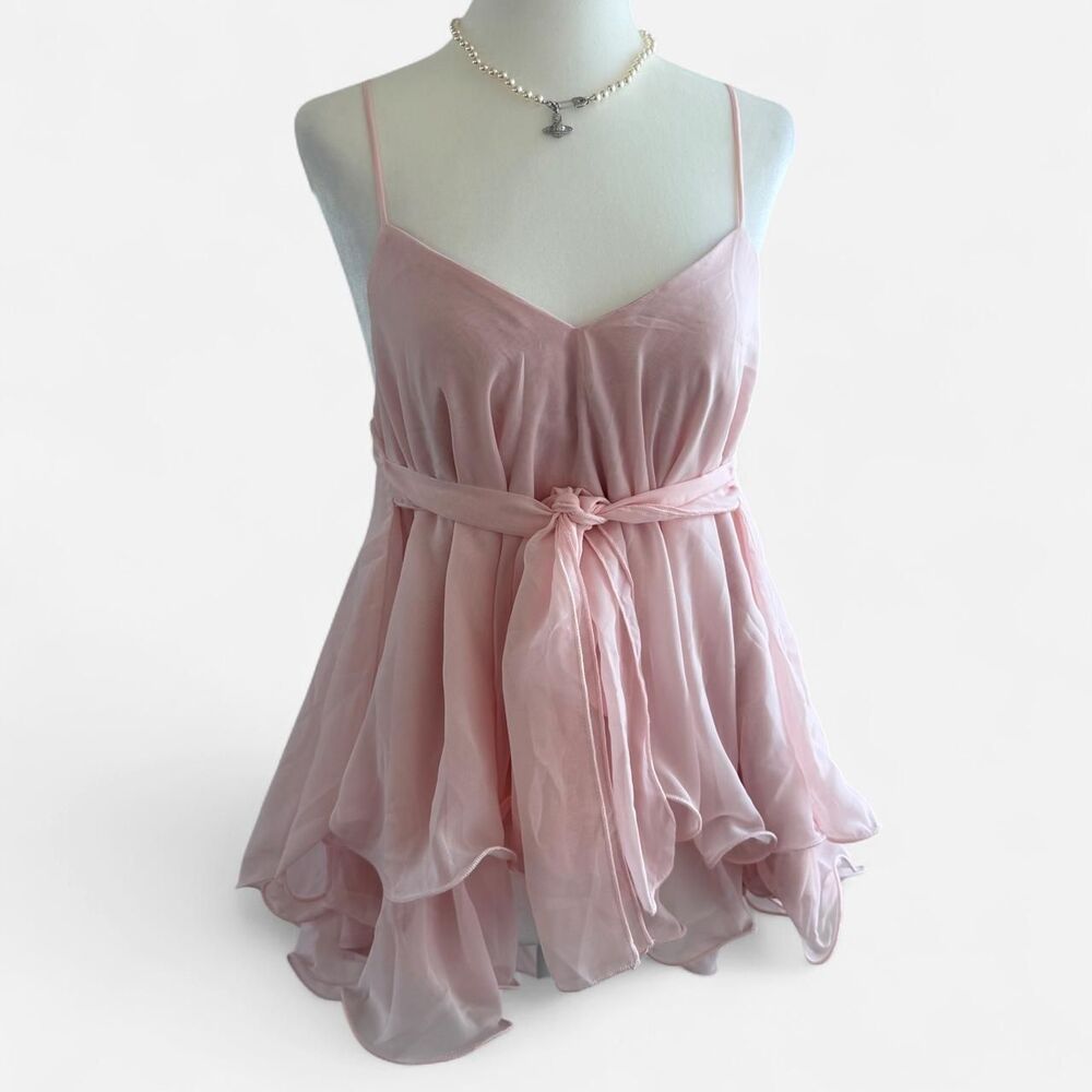 Ethereal Coquette aesthetic Chiffon Ruffle Hem Cami Babydoll Mini Dress